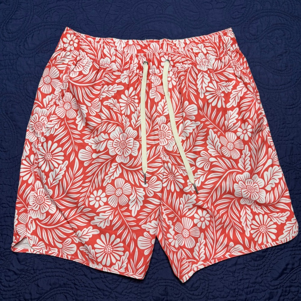 Fair Harbor The Anchor Swim Shorts Men's Red Hawaiian Floral Lined Size Medium
